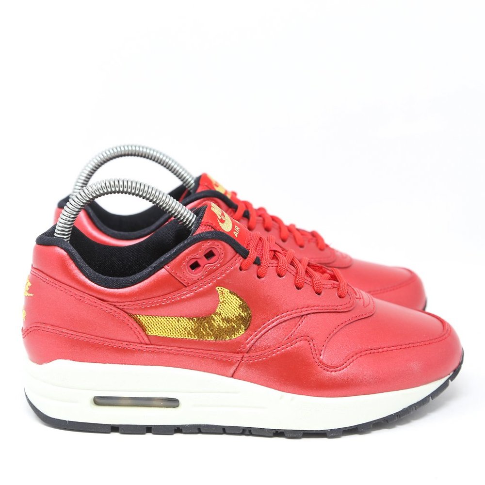 Nike Air Max 1 Womens Red Gold Sequin Leather 95 - Picture 2 of 11